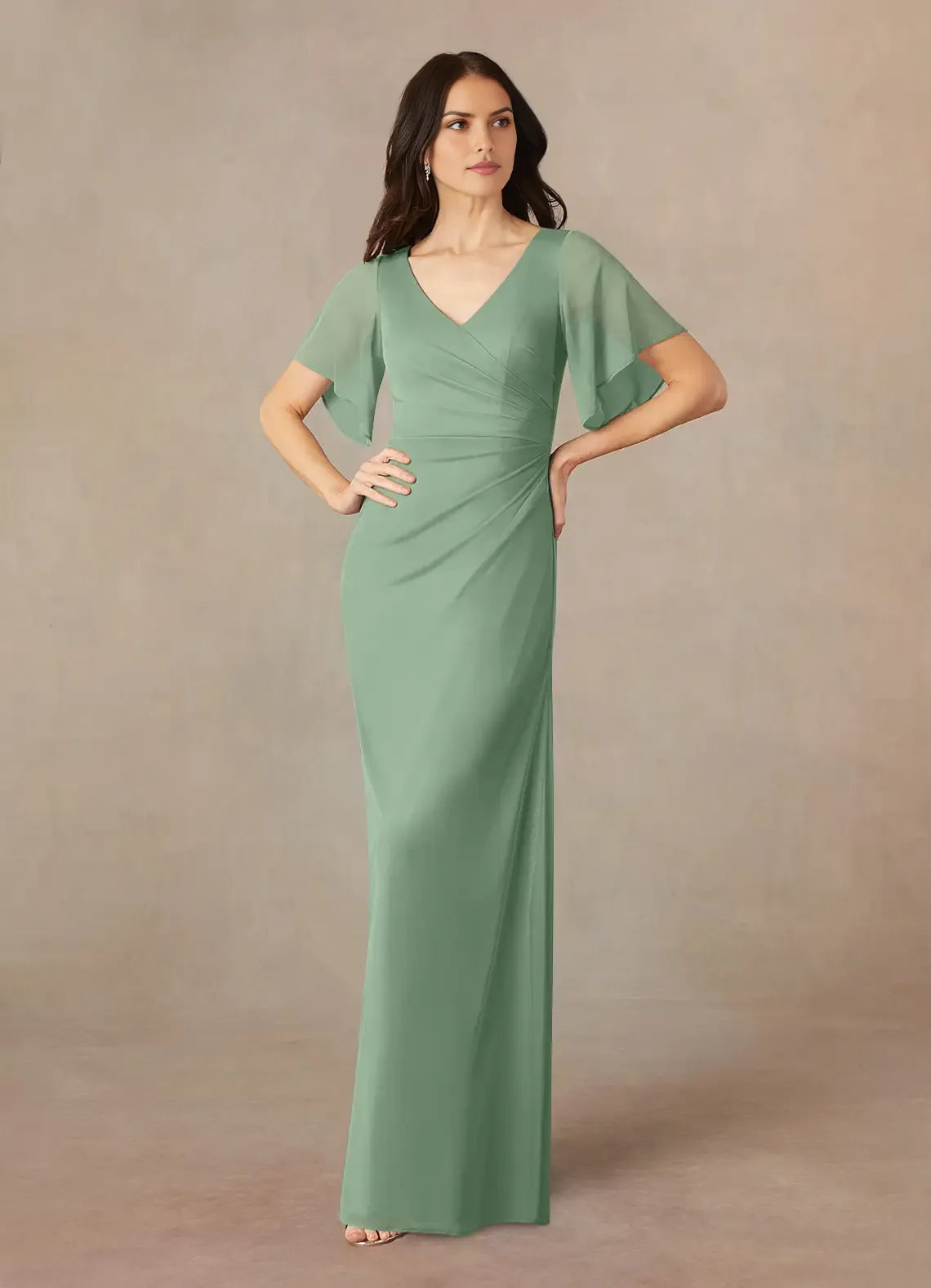 Elegant Sheath A-Line V-Neck Flutter-Sleeve Zip-Back Floor-Length Bridesmaid Mother of the Bride Dress