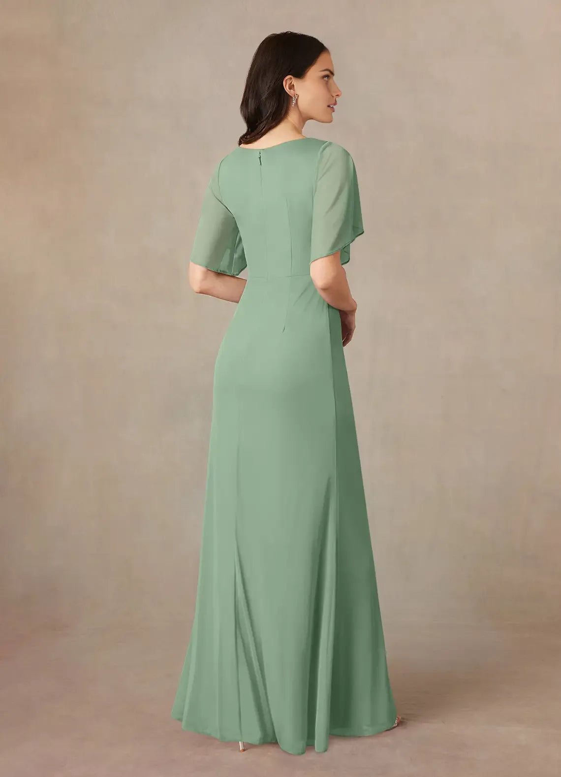 Elegant Sheath A-Line V-Neck Flutter-Sleeve Zip-Back Floor-Length Bridesmaid Mother of the Bride Dress