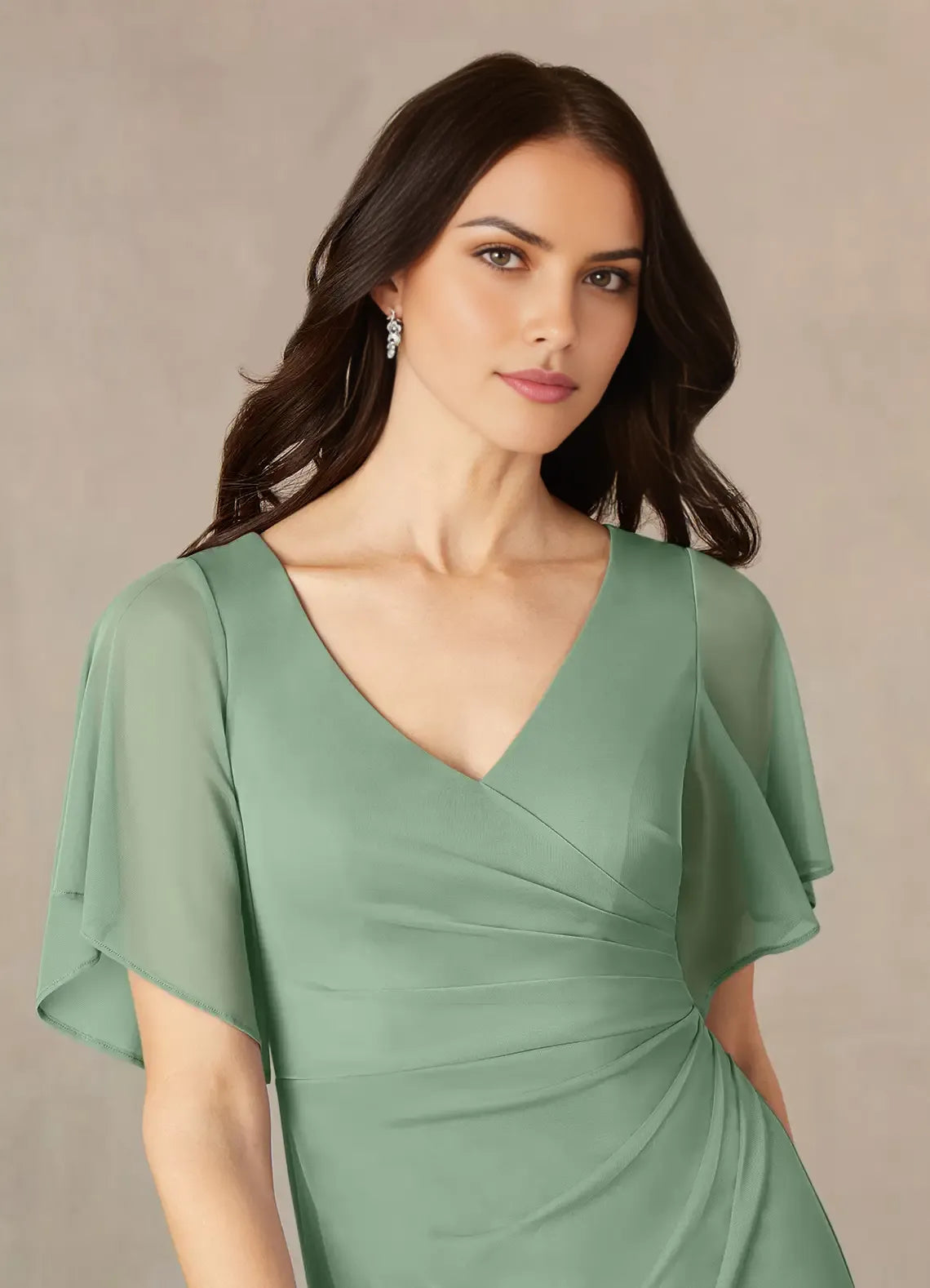 Elegant Sheath A-Line V-Neck Flutter-Sleeve Zip-Back Floor-Length Bridesmaid Mother of the Bride Dress