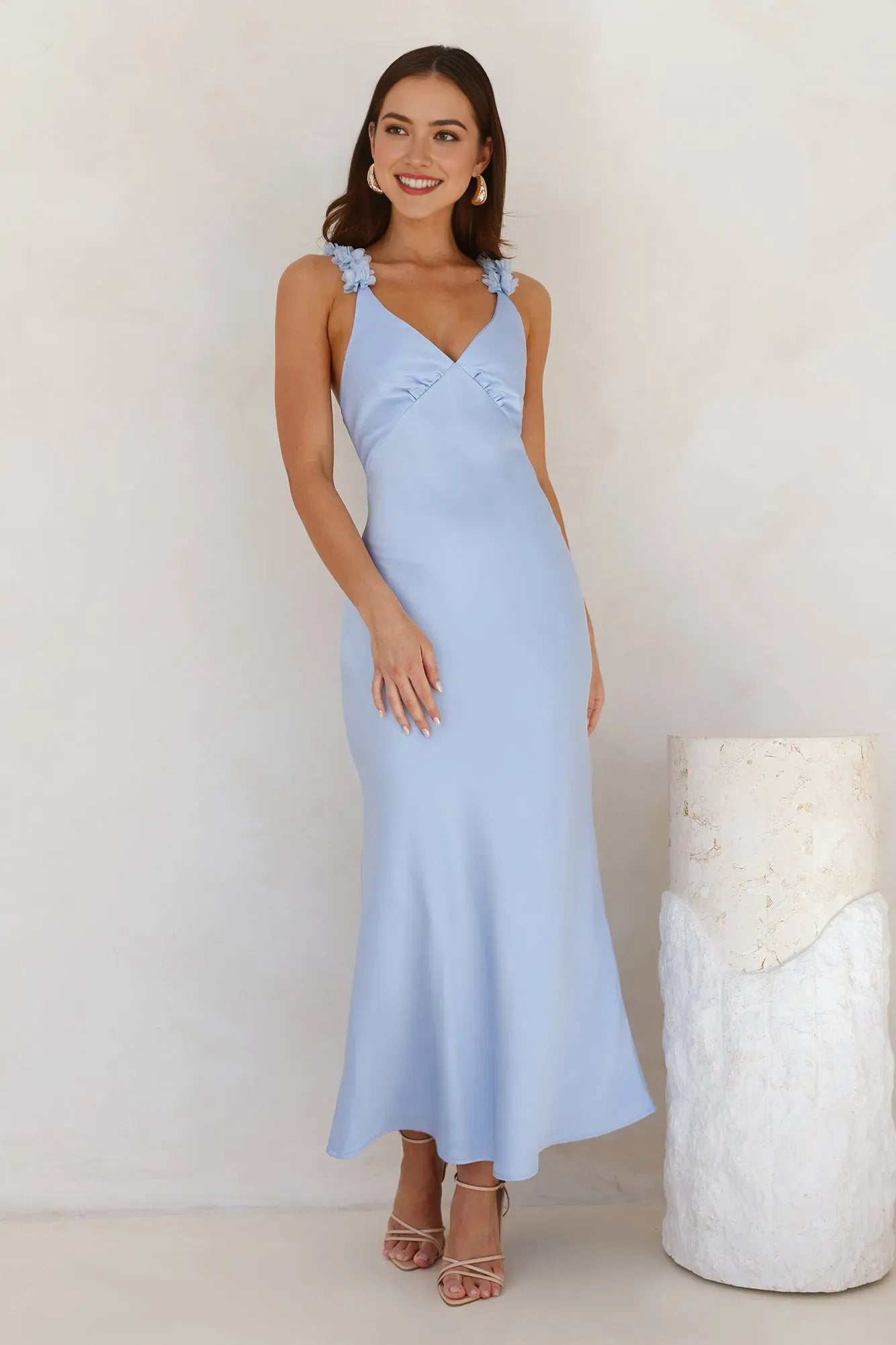 Elegant Sheath Blue Spaghetti Strap Sleeveless 3D Floral Embellished Back Zip Ankle-Length Prom Dresses