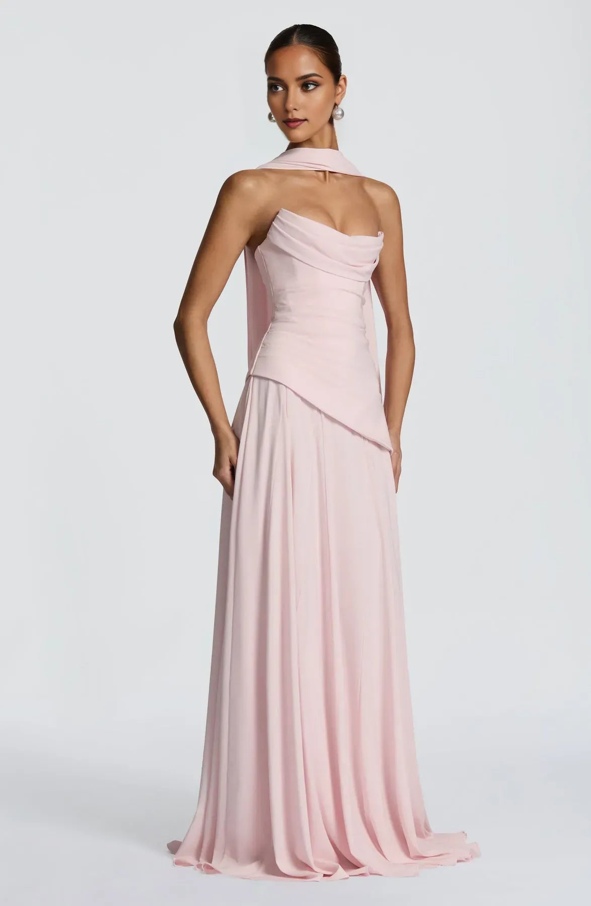 Elegant Sheath Blush Chiffon Scooped Neckline Pleated Cowl Strapless Lace Up Back Floor -Length Prom Dresses women for sale