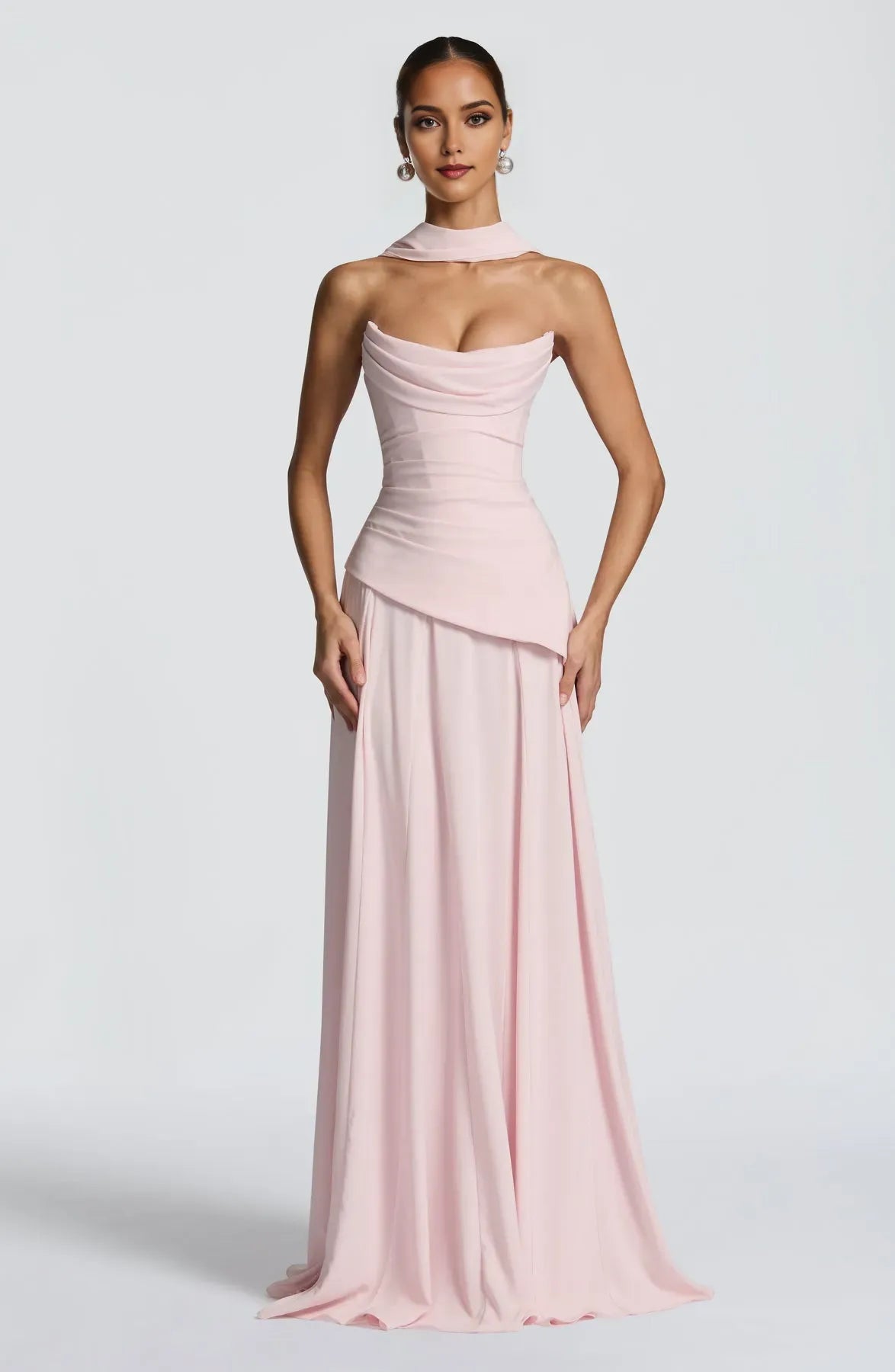 Elegant Sheath Blush Chiffon Scooped Neckline Pleated Cowl Strapless Lace Up Back Floor -Length Prom Dresses women for sale