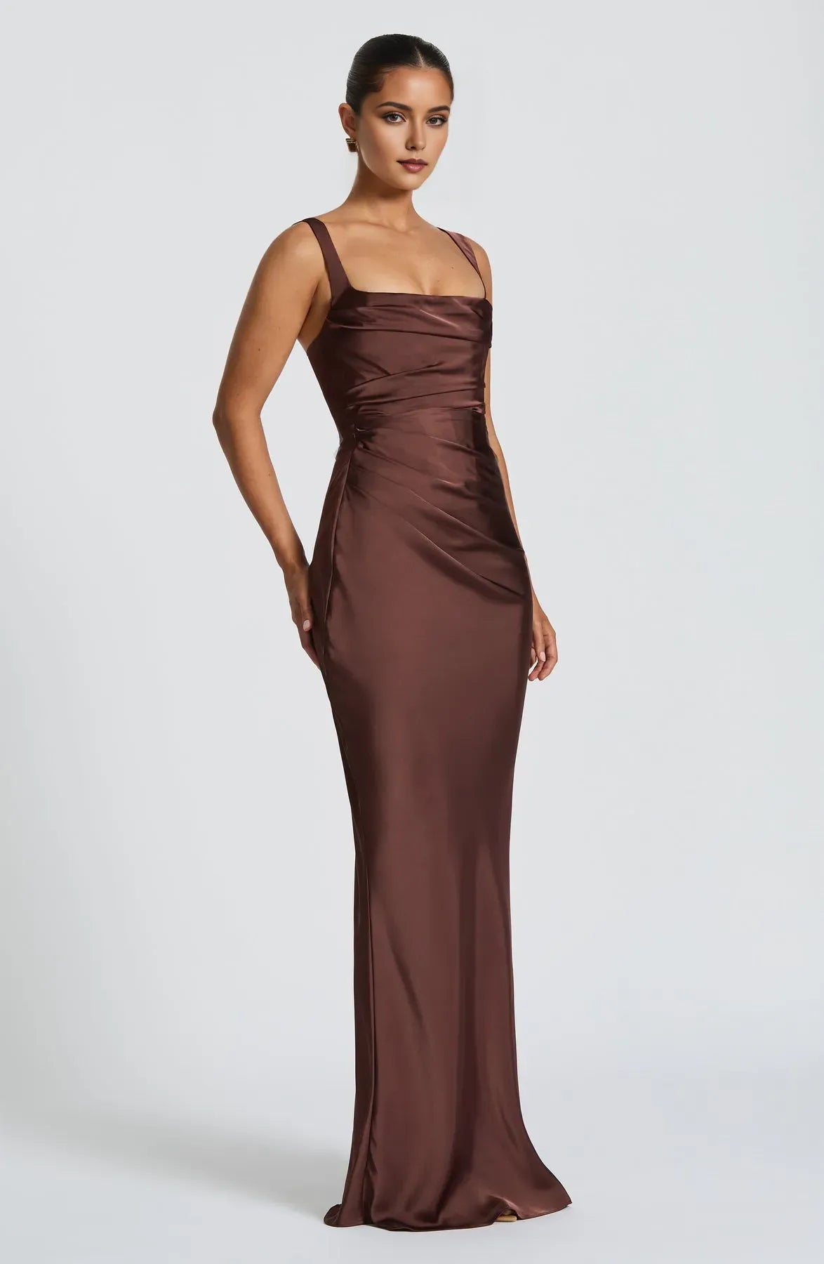 Elegant Sheath Brown Satin Square Neck Sleeveless Pleated Lace Up Floor -Length Prom Dresses women Hot Sale