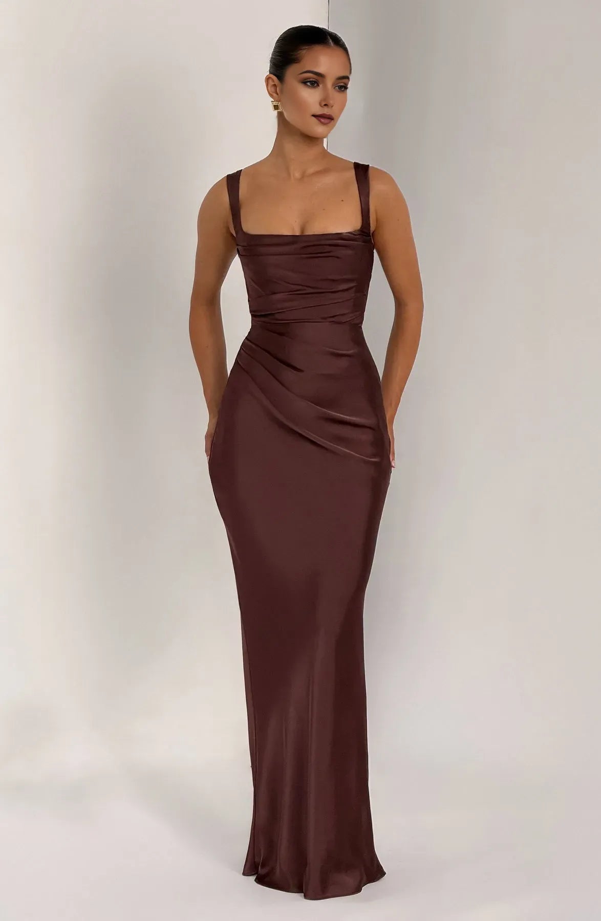 Elegant Sheath Brown Satin Square Neck Sleeveless Pleated Lace Up Floor -Length Prom Dresses women Hot Sale