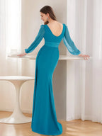 Elegant Sheath/Column Boat Neck Sheer Long Sleeve Zip-Back Floor-Length  Mother of the Bride Dresses with Side Slit
