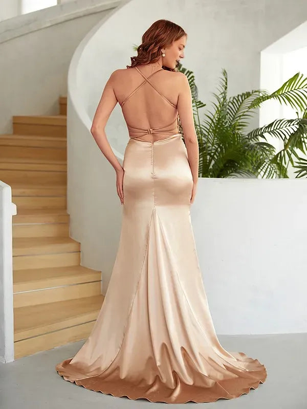Elegant Sheath Cowl-Neck Spaghetti Straps Cross-Back Floor-Length Ruched Prom Dresses with Slit