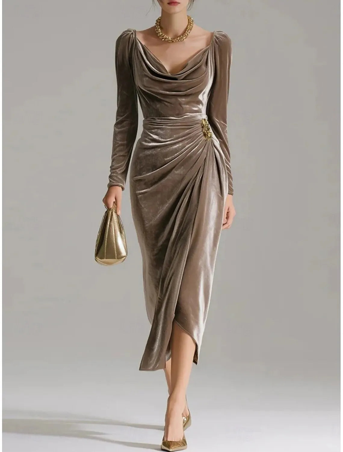 Elegant Sheath Cowl Neck Long-sleeve Ruched Taupe Velvet Midi Evening Dress for Women Hot Sale