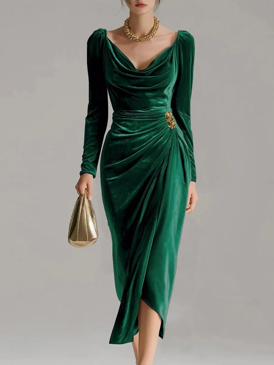 Elegant Sheath Cowl Neck Long-sleeve Ruched Taupe Velvet Midi Evening Dress for Women Hot Sale