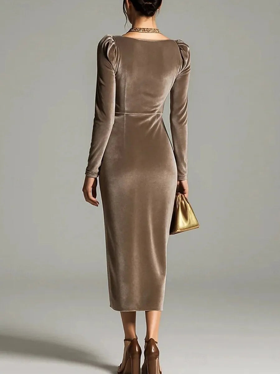 Elegant Sheath Cowl Neck Long-sleeve Ruched Taupe Velvet Midi Evening Dress for Women Hot Sale