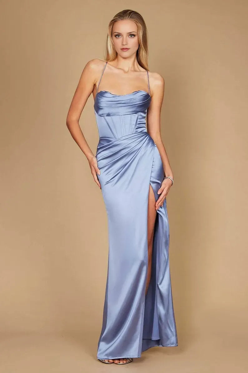 Elegant Burgundy Sheath Cowl Neck Spaghetti Strap Lace Up Draped Corset Satin Slit Floor-Length Prom Dress