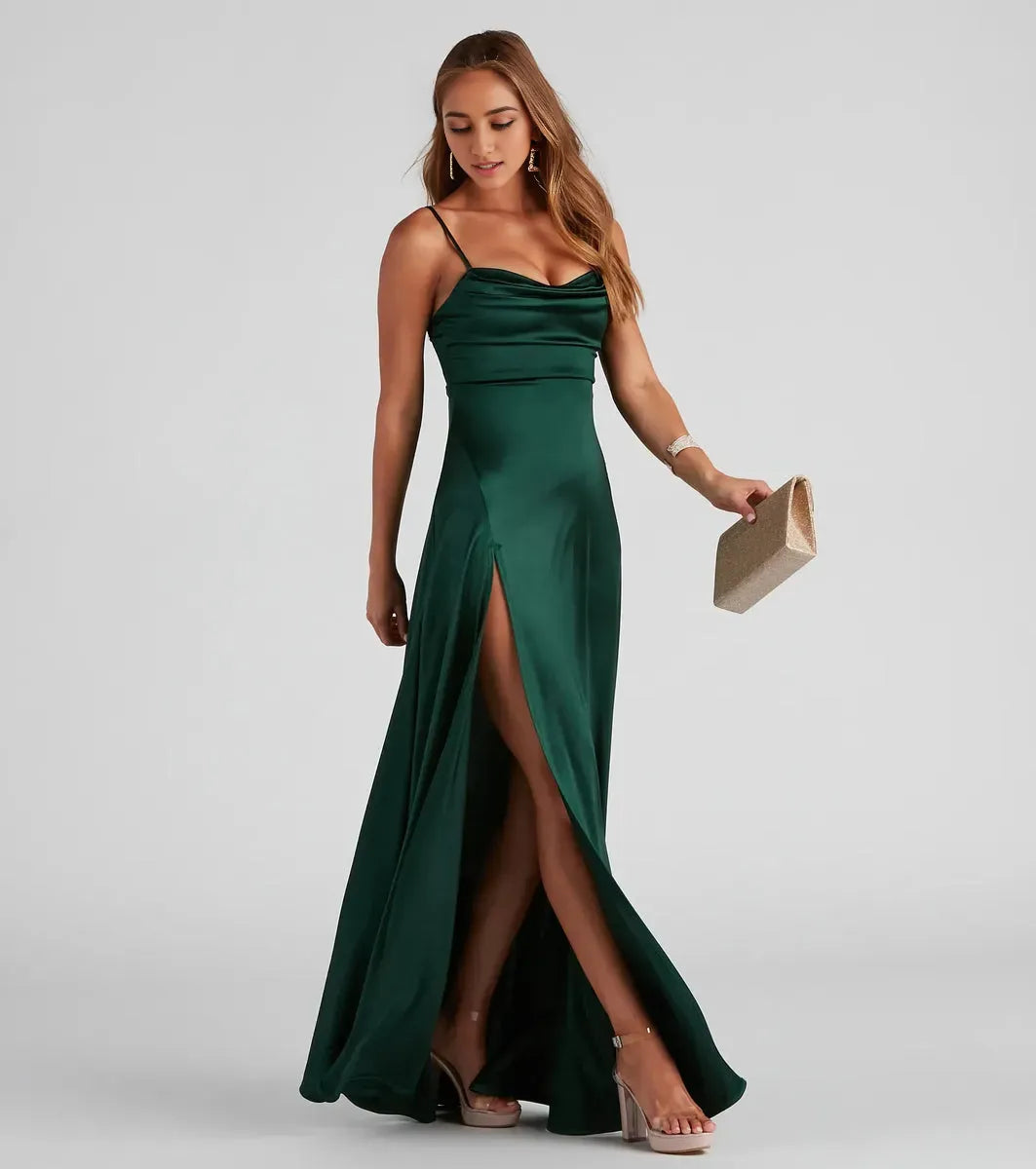 Elegant Sheath Cowl Neckline Spaghetti-Strap Sleeveless Back Zip Satin pleated High Side Slit Floor-Length Prom Dresses