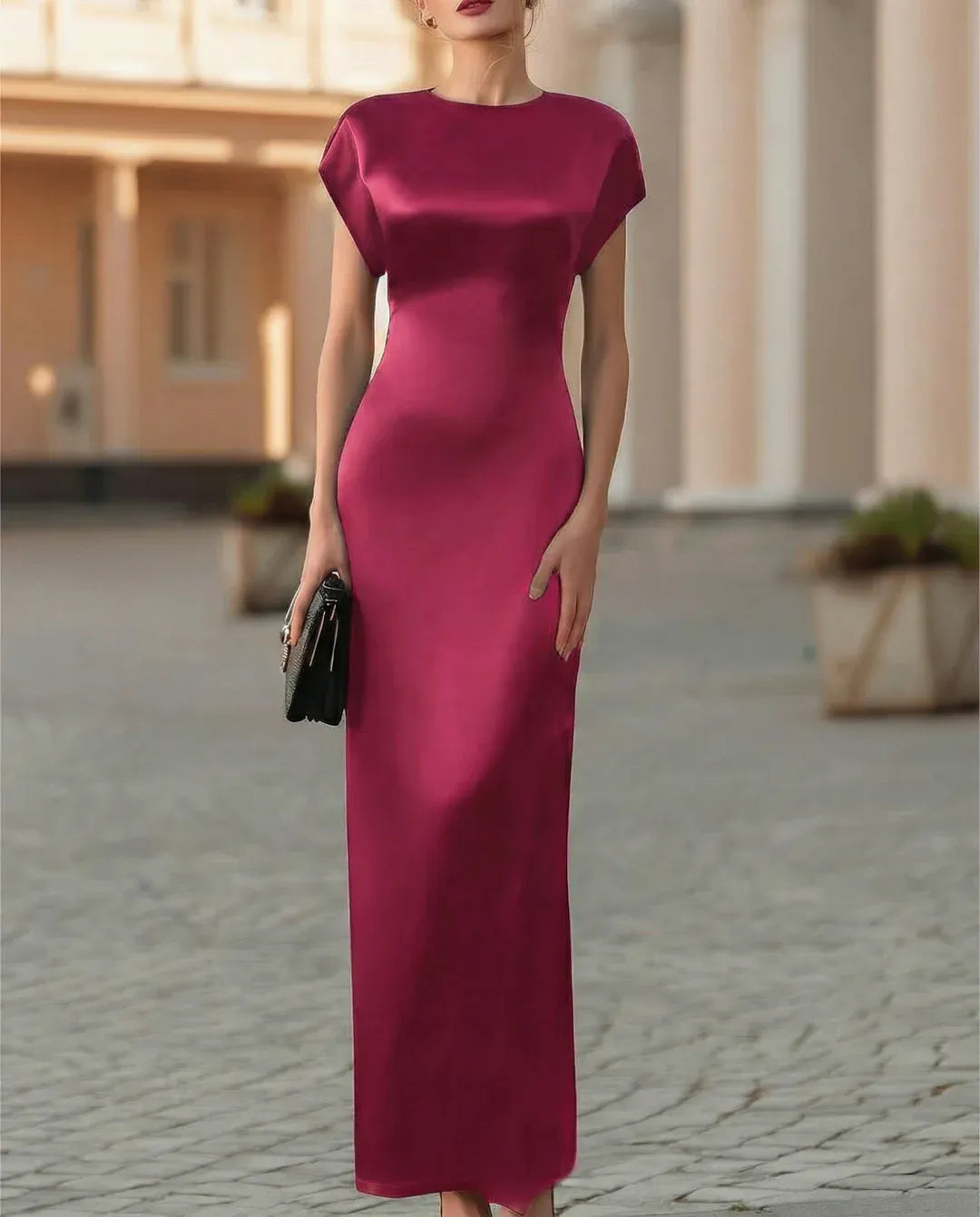 Elegant Sheath Crew Neck Cap Sleeve Cowl Back Black Ankle-Length Evening Dresses