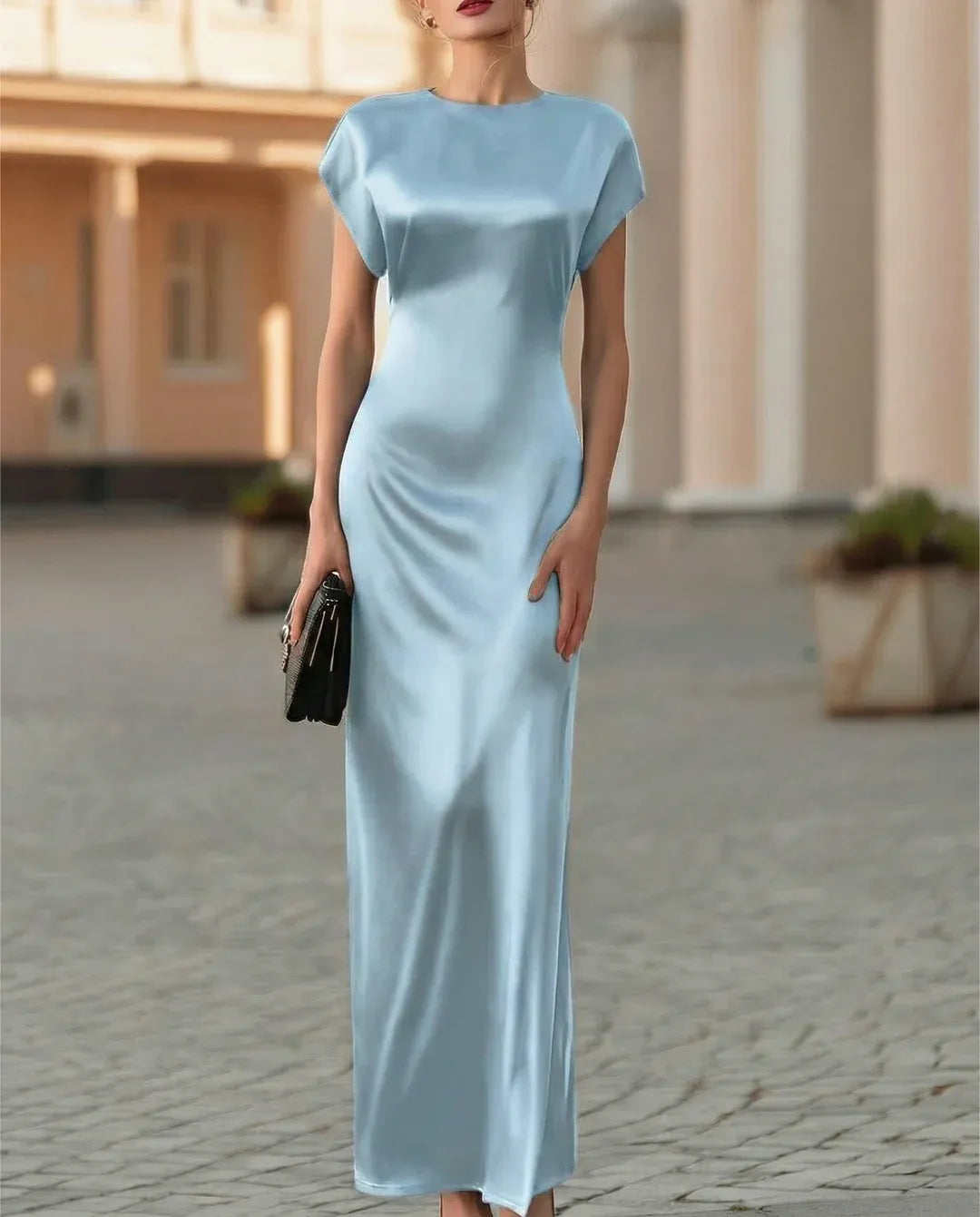 Elegant Sheath Crew Neck Cap Sleeve Cowl Back Black Ankle-Length Evening Dresses