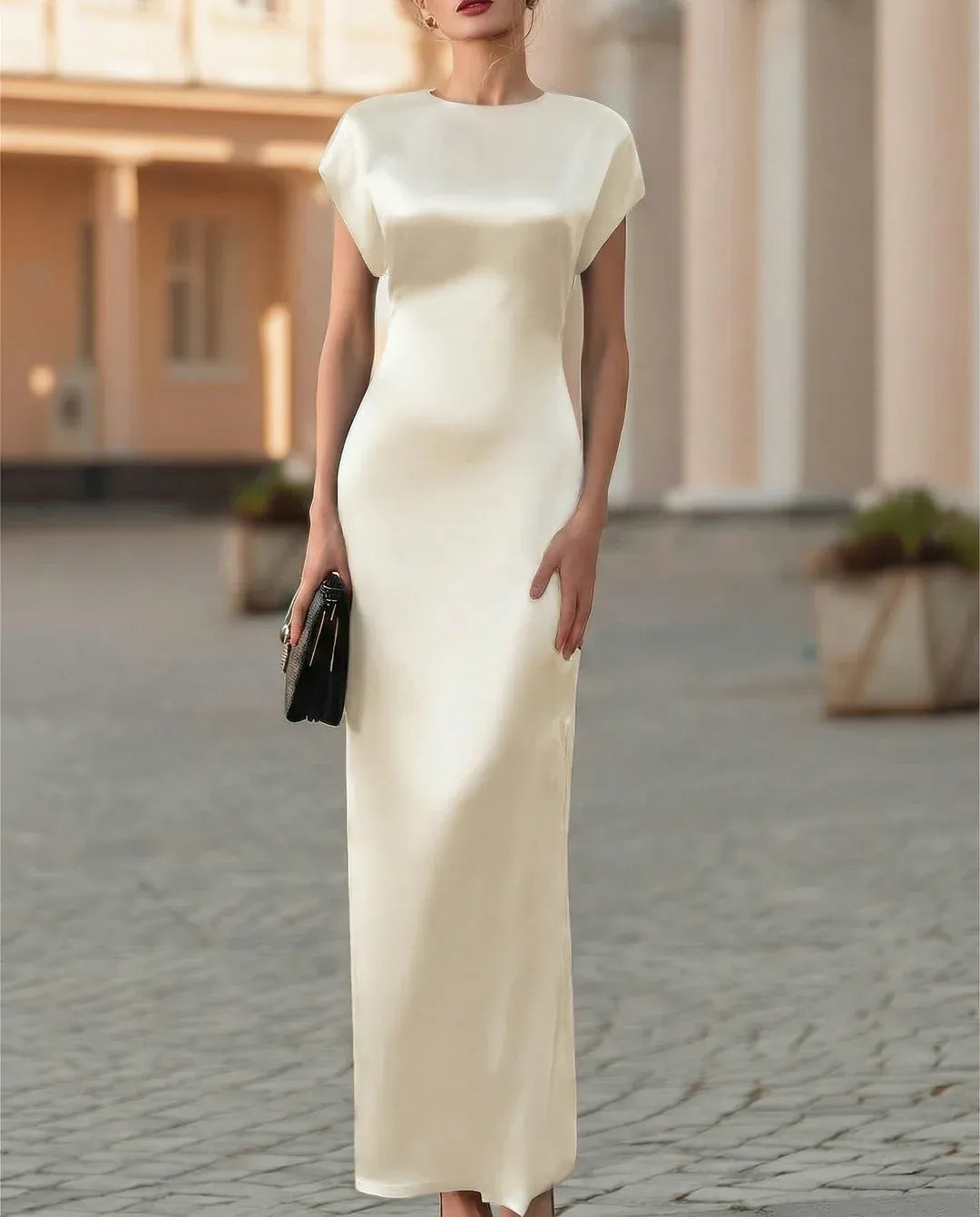 Elegant Sheath Crew Neck Cap Sleeve Cowl Back Black Ankle-Length Evening Dresses