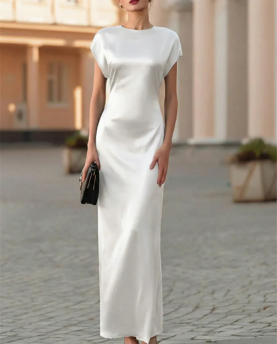 Elegant Sheath Crew Neck Cap Sleeve Cowl Back Black Ankle-Length Evening Dresses