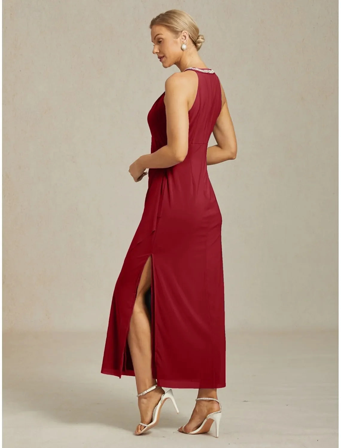 Elegant Sheath Halter Neck Sleeveless Ruched Burgundy Maxi Evening Dress for Women Ready to Ship