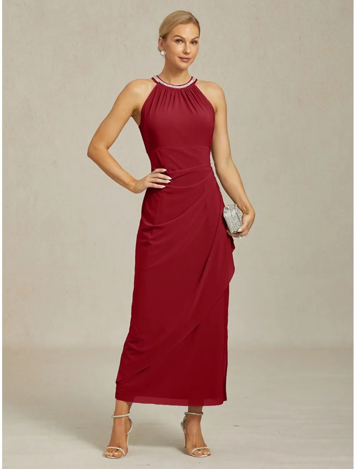 Elegant Sheath Halter Neck Sleeveless Ruched Burgundy Maxi Evening Dress for Women Ready to Ship