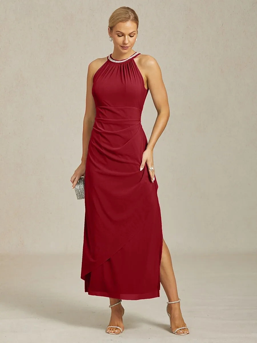 Elegant Sheath Halter Neck Sleeveless Ruched Burgundy Maxi Evening Dress for Women Ready to Ship