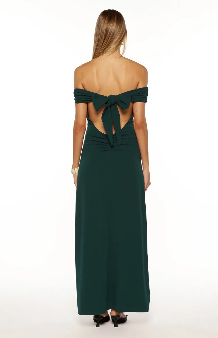 Elegant Sheath Off-the-Shoulder Sleeveless Tie Back Floor-Length Teal Prom Dresses with Back Bow Detail