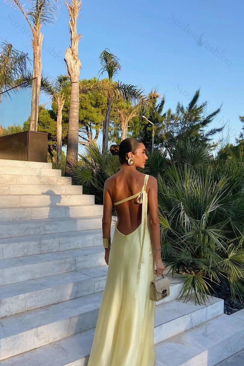 Elegant Sheath One-Shoulder Backless Pale Yellow Floor-Length Prom Dress
