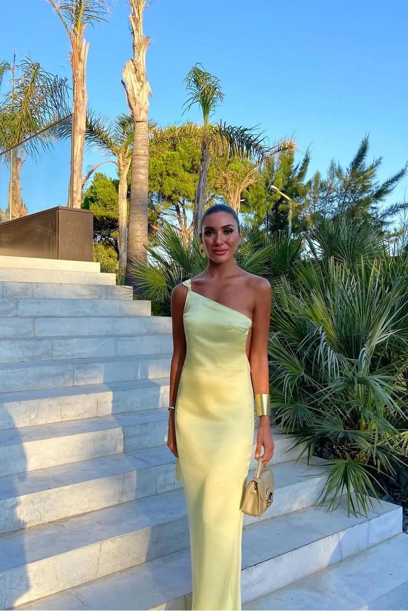 Elegant Sheath One-Shoulder Backless Pale Yellow Floor-Length Prom Dress