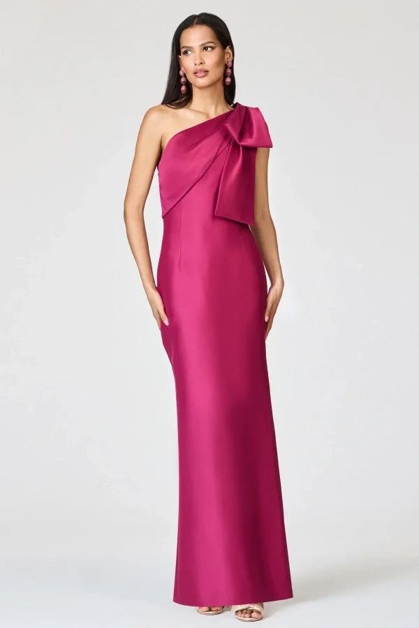 Elegant Sheath One-Shoulder Bow Magenta Floor-Length Prom Dress