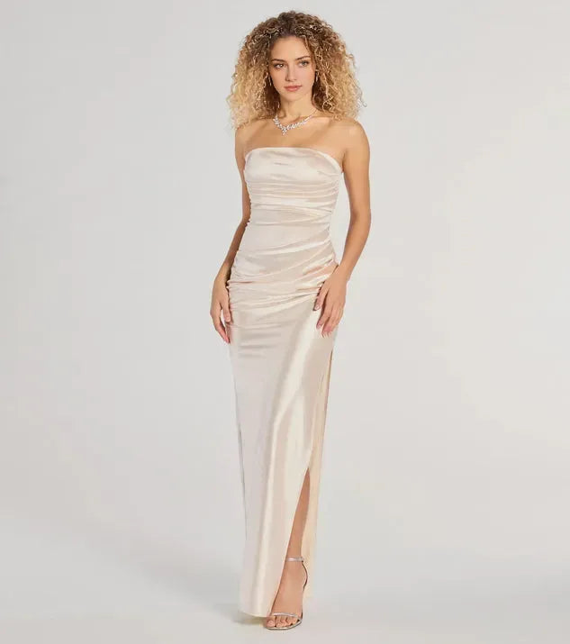 Elegant Sheath Pleated Neck Strapless Back Zip Floor-Length Satin Ruched Prom Dresses with High side slit