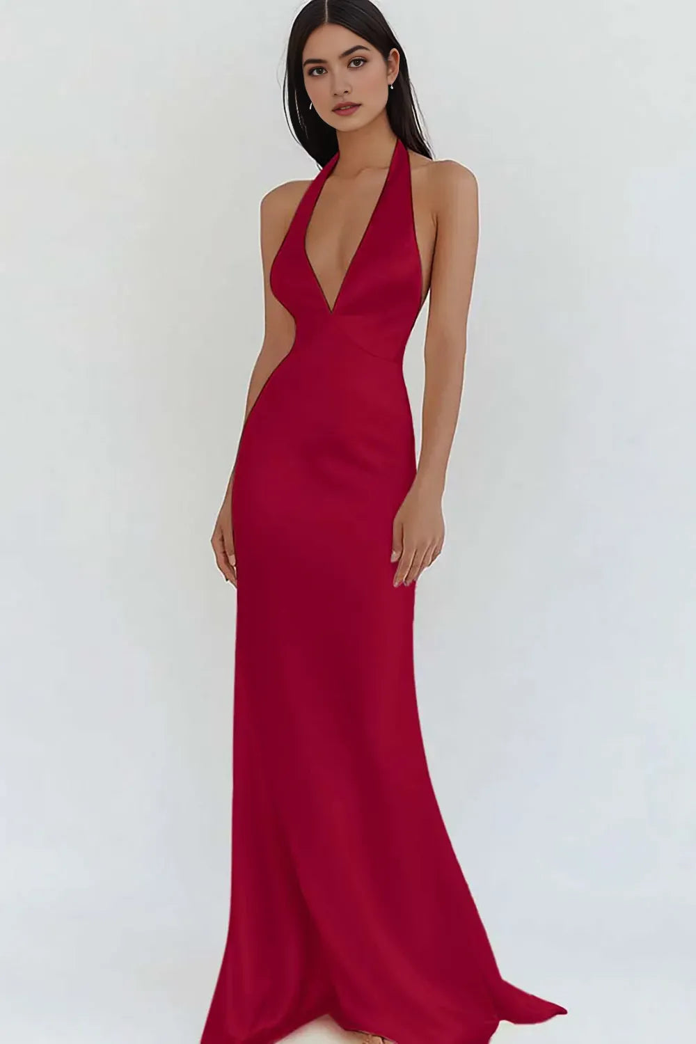 Elegant Sheath Satin Halter Neck Deep V-Neck Sleeveless Open-Back Floor-Length Prom Dresses Hot Sale
