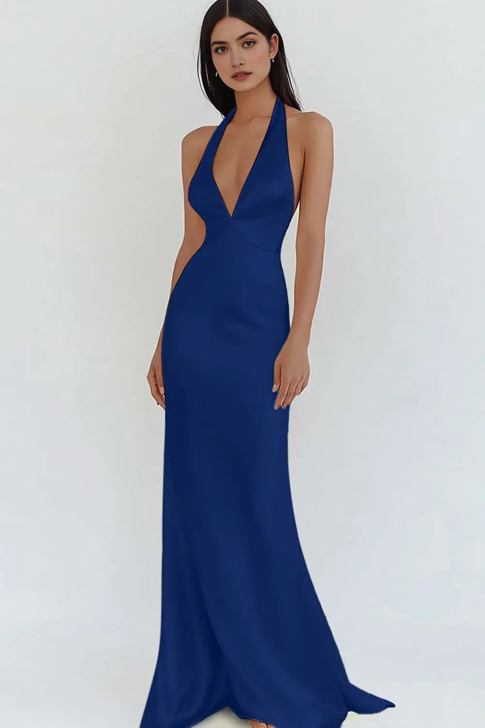 Elegant Sheath Satin Halter Neck Deep V-Neck Sleeveless Open-Back Floor-Length Prom Dresses Hot Sale