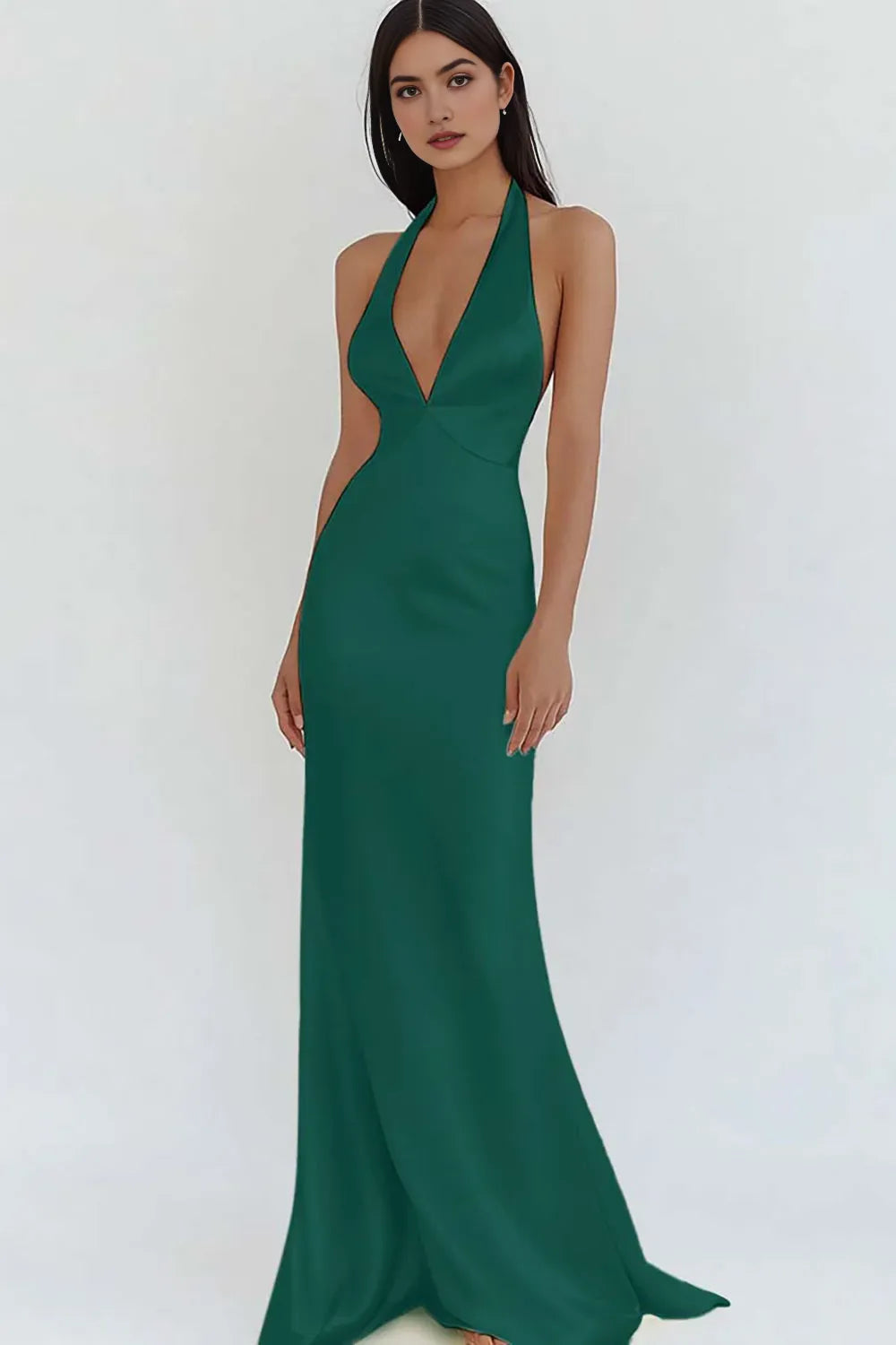 Elegant Sheath Satin Halter Neck Deep V-Neck Sleeveless Open-Back Floor-Length Prom Dresses Hot Sale