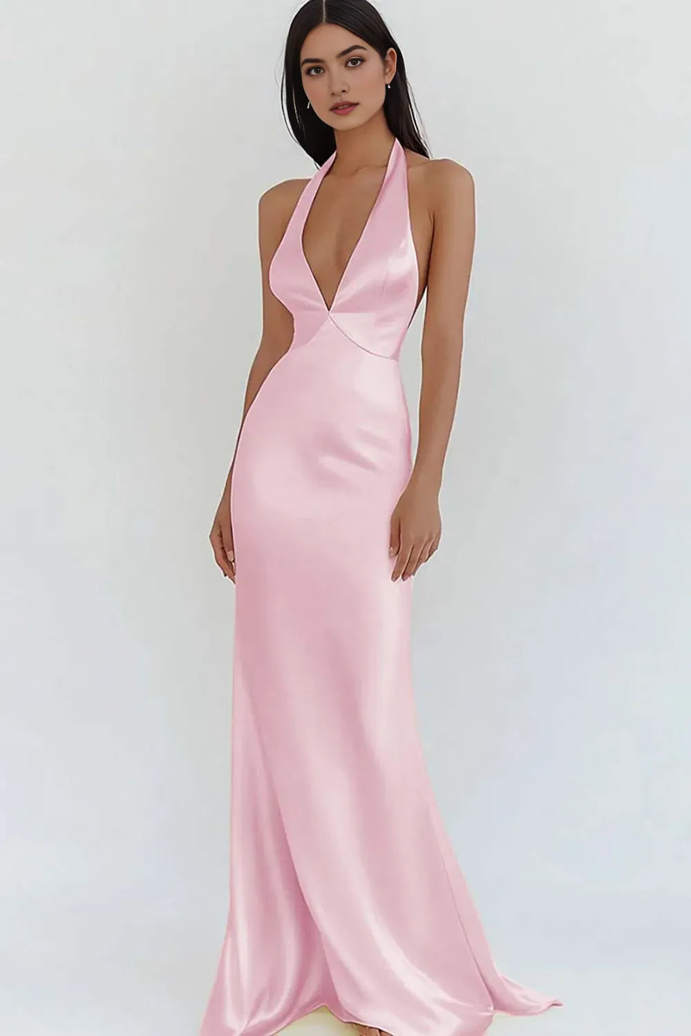 Elegant Sheath Satin Halter Neck Deep V-Neck Sleeveless Open-Back Floor-Length Prom Dresses Hot Sale