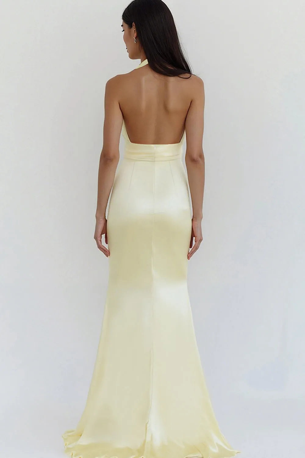 Elegant Sheath Satin Halter Neck Deep V-Neck Sleeveless Open-Back Floor-Length Prom Dresses Hot Sale