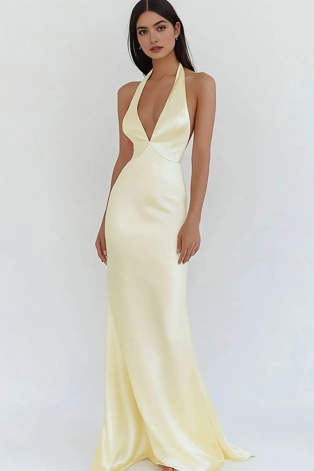 Elegant Sheath Satin Halter Neck Deep V-Neck Sleeveless Open-Back Floor-Length Prom Dresses Hot Sale