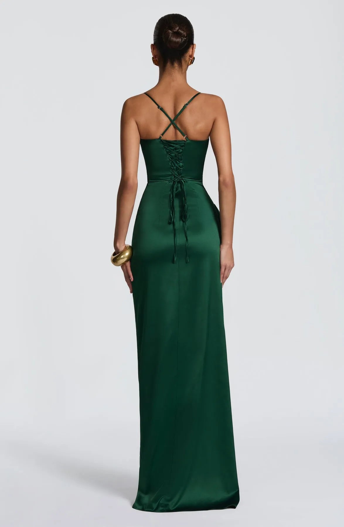 Elegant Sheath Satin Sweetheart Neck Spaghetti Strap pleated Crisscross Back Lace Up High - Slit Floor -Length Prom Dresses