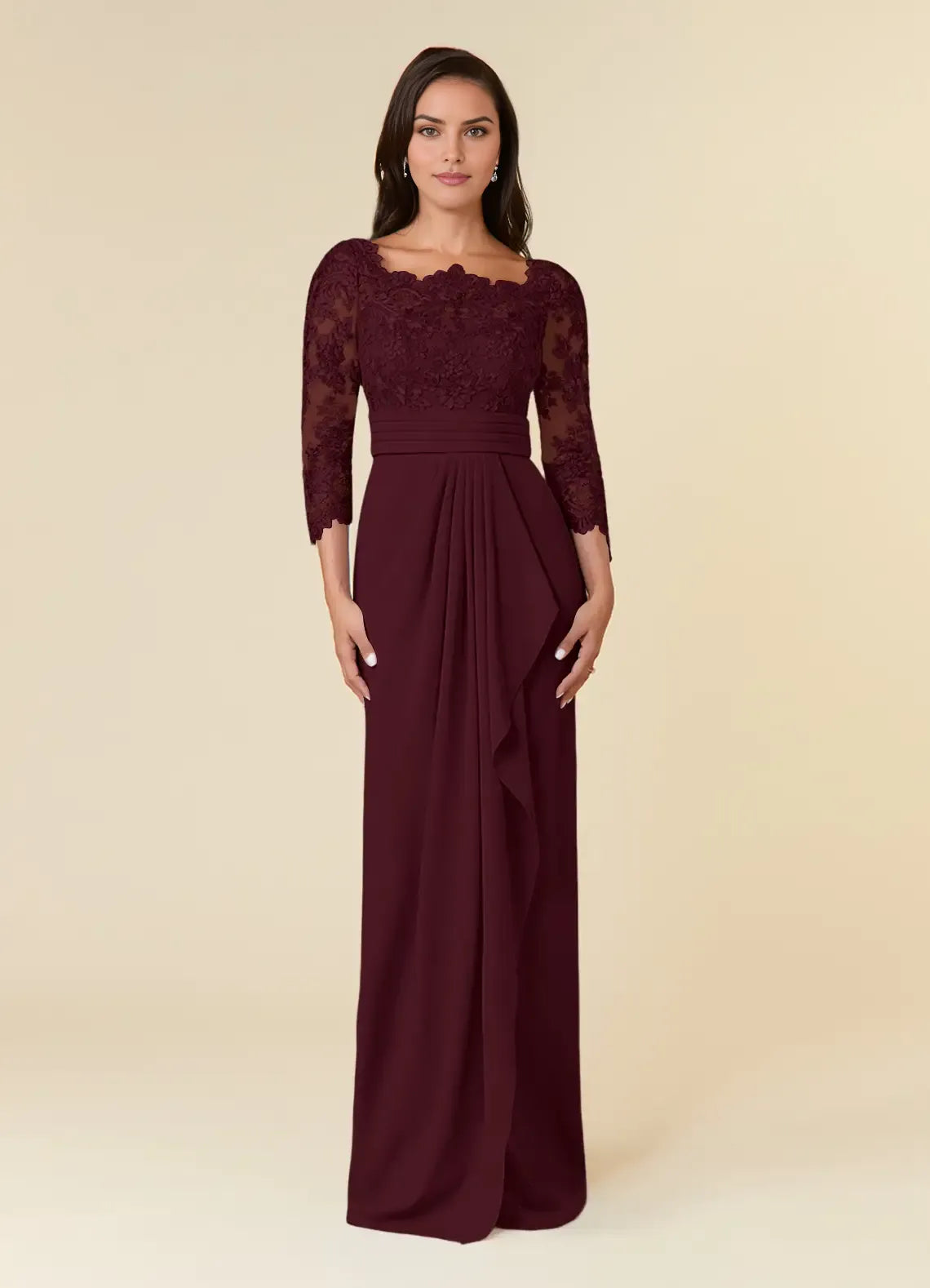 Elegant Sheath Scoop-Neck Lace Three-Quarter Sleeve Zip-Back Floor-Length Formal Mother of the Bride Dress