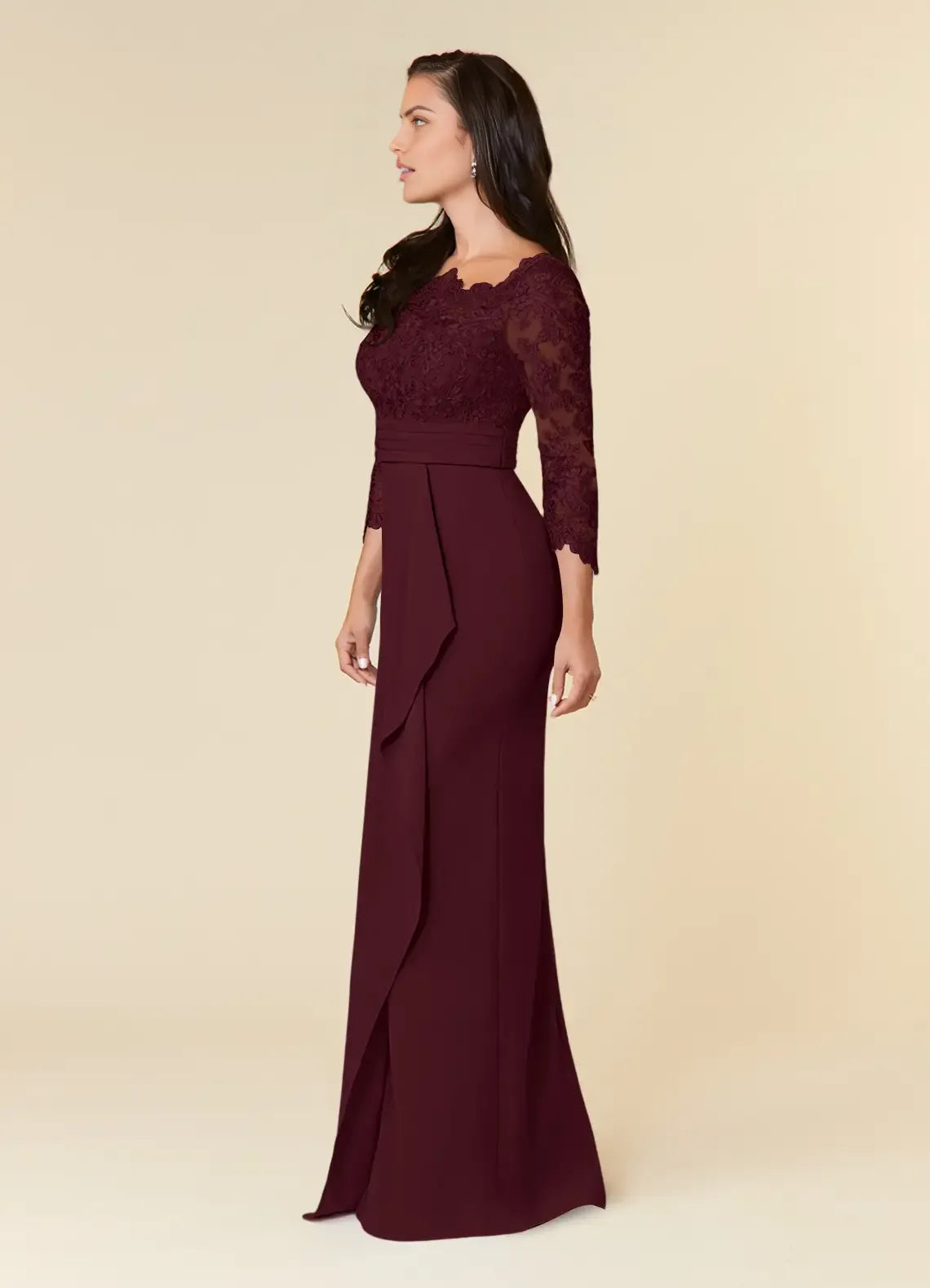 Elegant Sheath Scoop-Neck Lace Three-Quarter Sleeve Zip-Back Floor-Length Formal Mother of the Bride Dress