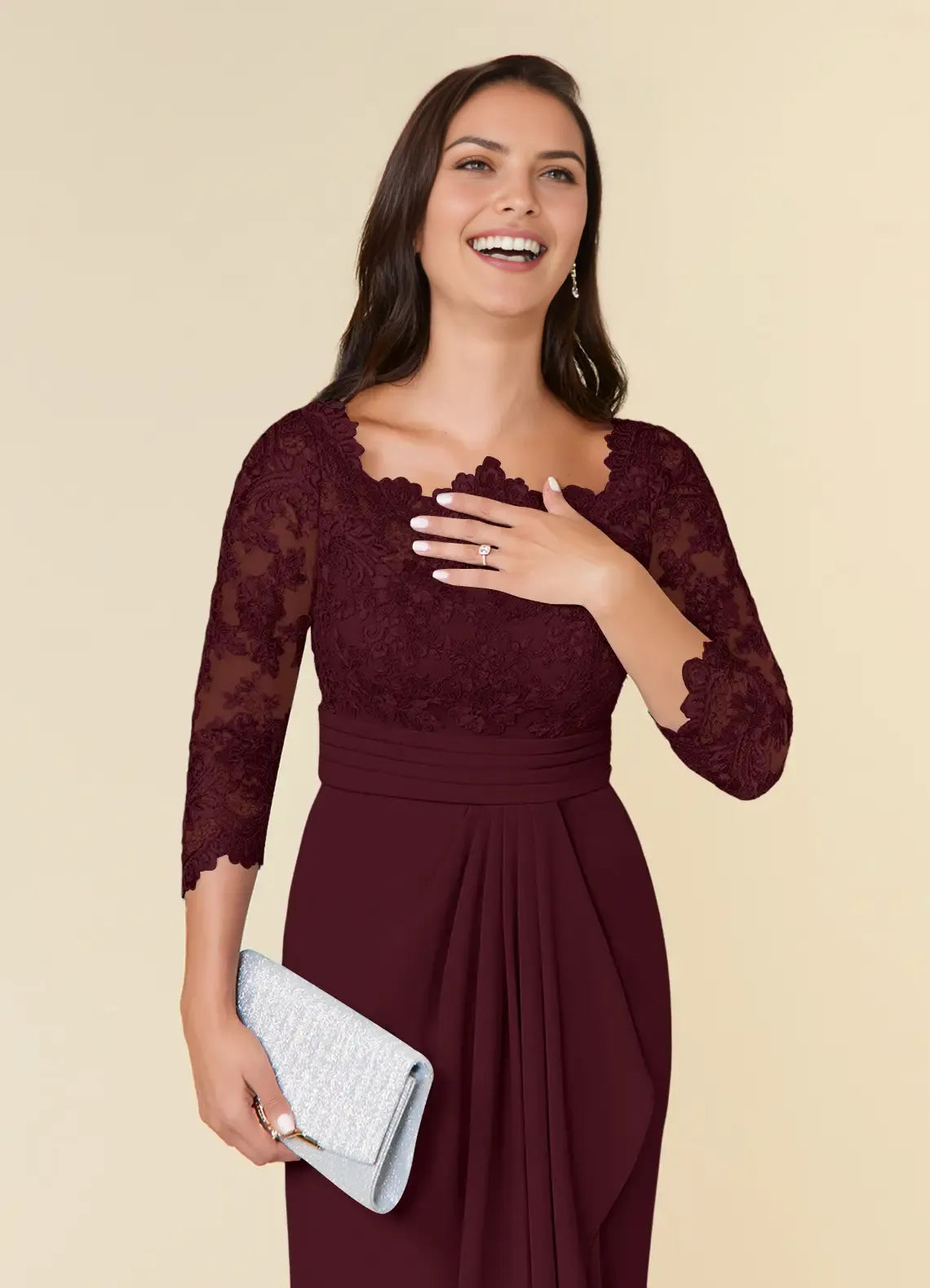 Elegant Sheath Scoop-Neck Lace Three-Quarter Sleeve Zip-Back Floor-Length Formal Mother of the Bride Dress