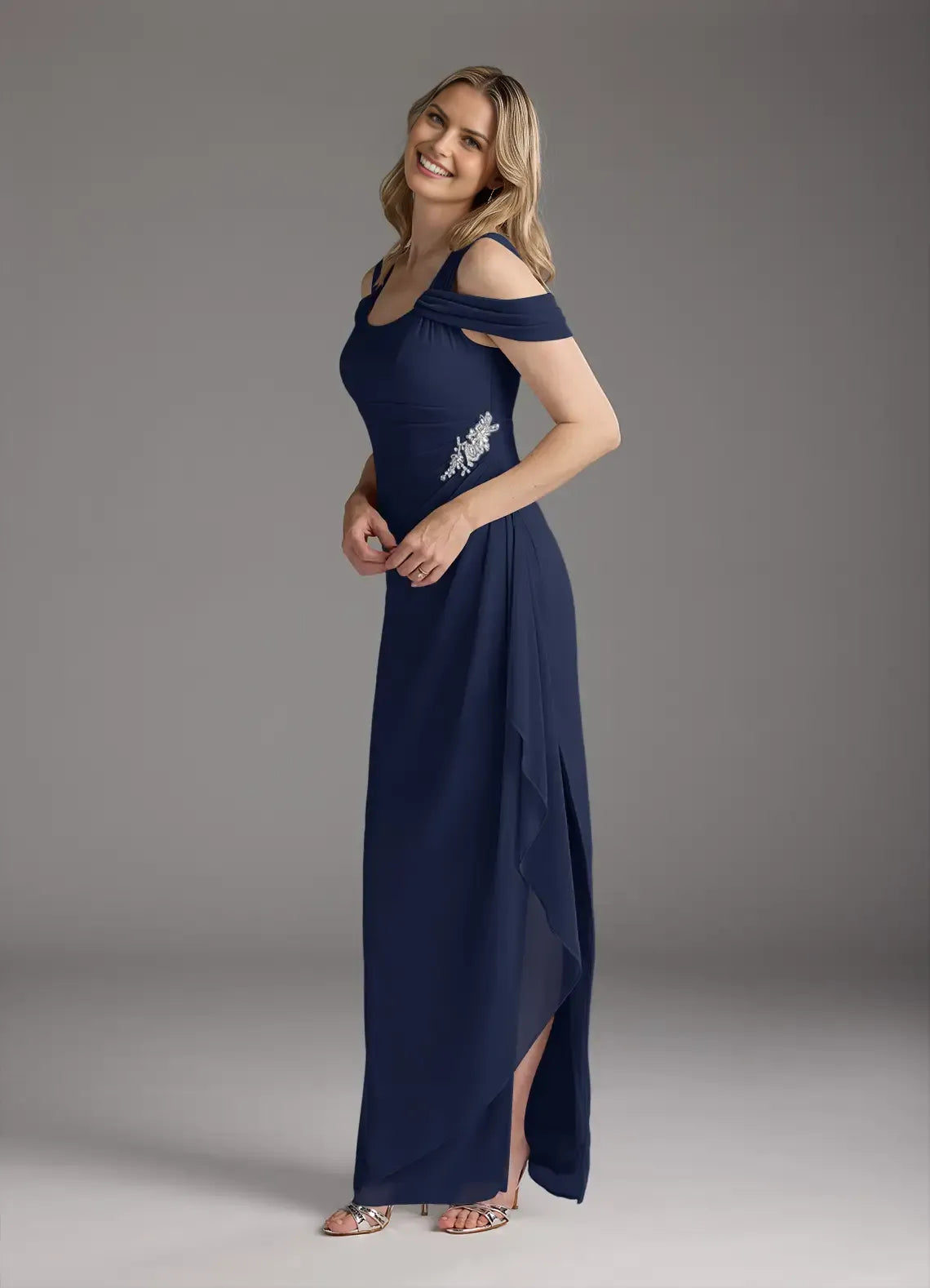 Elegant Sheath Square-Neck Off-The-Shoulder Cold Shoulder Sleeve Back Zip Floor-Length Mother of the Bride Dress