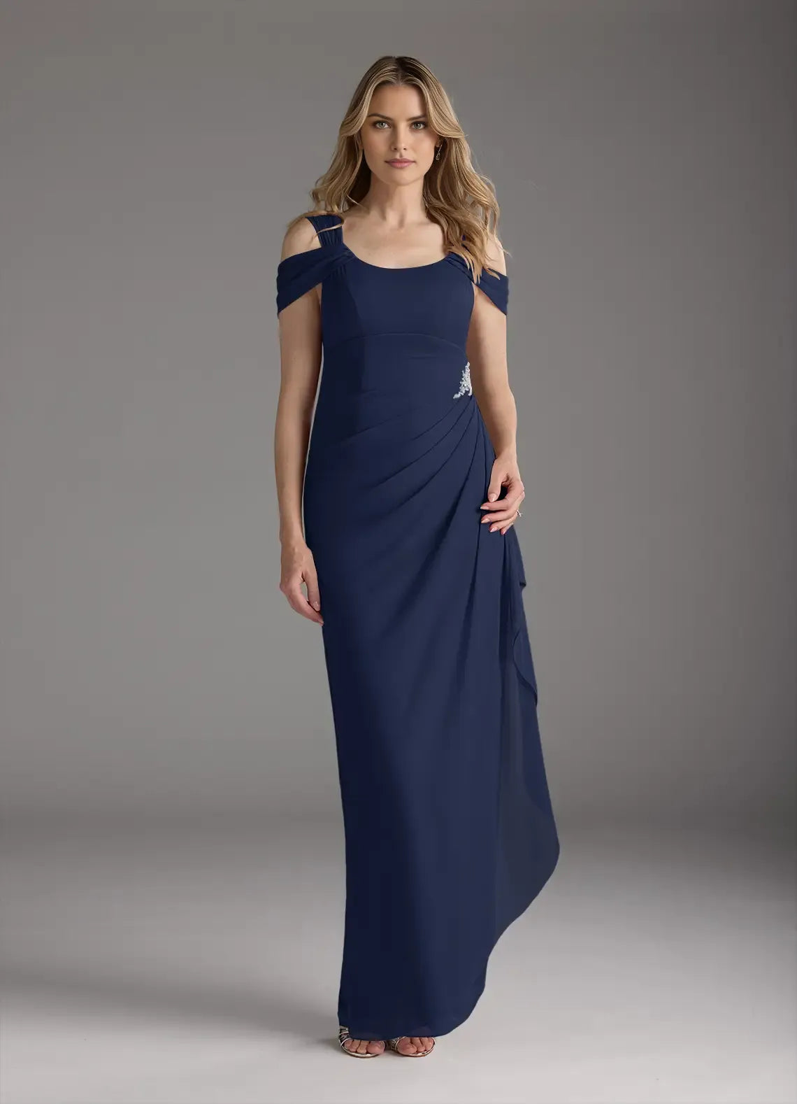 Elegant Sheath Square-Neck Off-The-Shoulder Cold Shoulder Sleeve Back Zip Floor-Length Mother of the Bride Dress