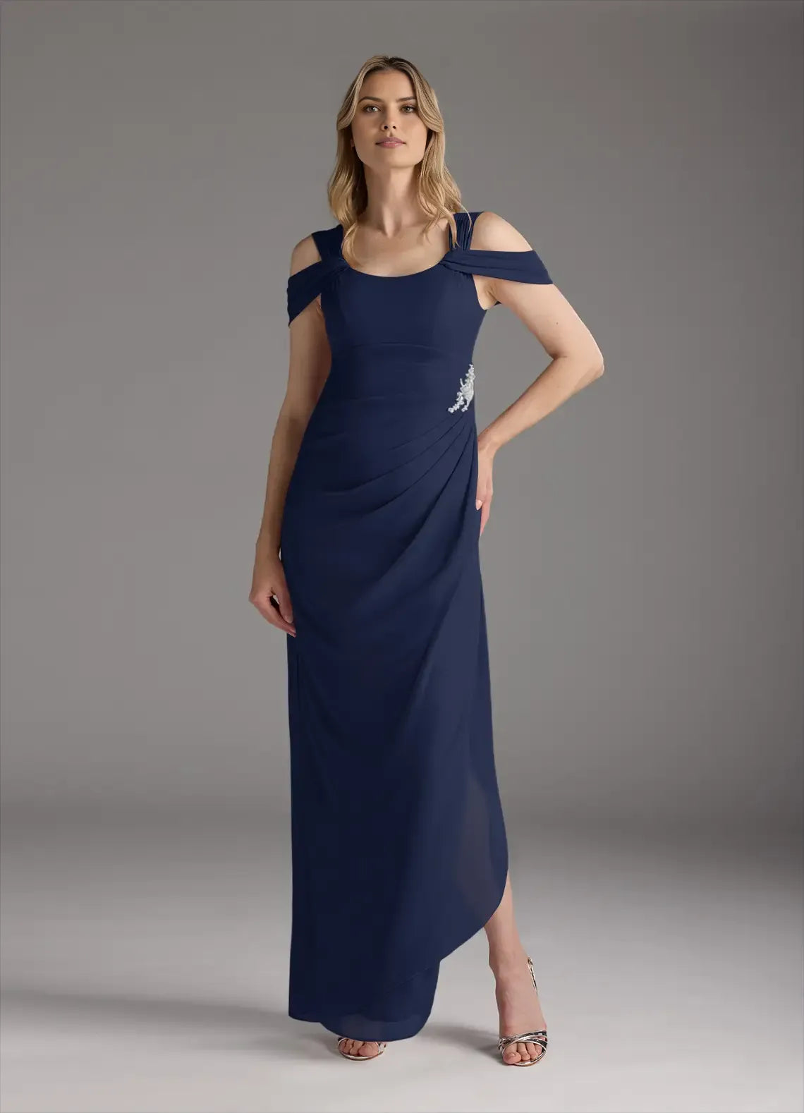 Elegant Sheath Square-Neck Off-The-Shoulder Cold Shoulder Sleeve Back Zip Floor-Length Mother of the Bride Dress