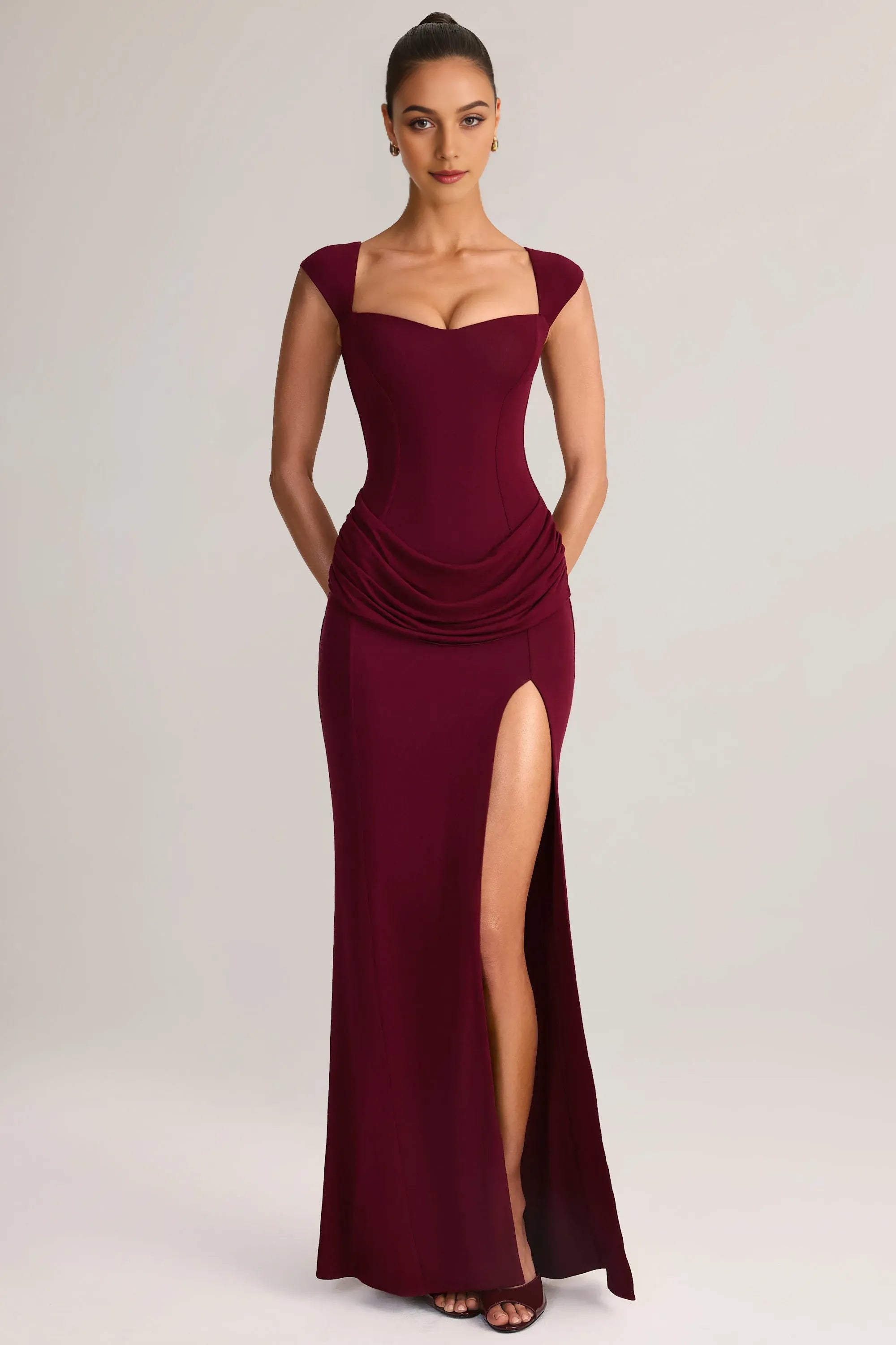 Elegant Sheath Square Neck Cap Sleeve Open Back Floor Length Ruffled Prom Dresses with Slit