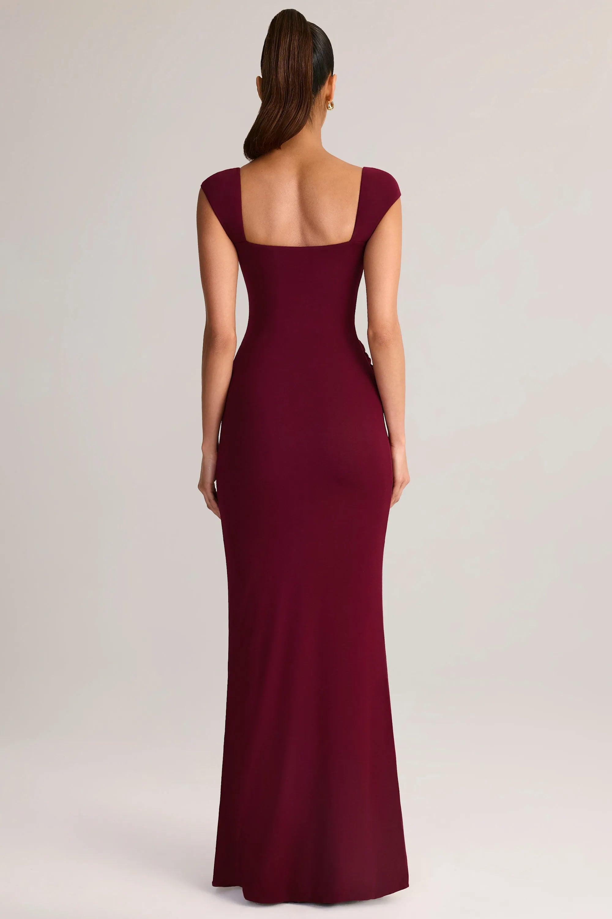Elegant Sheath Square Neck Cap Sleeve Open Back Floor Length Ruffled Prom Dresses with Slit