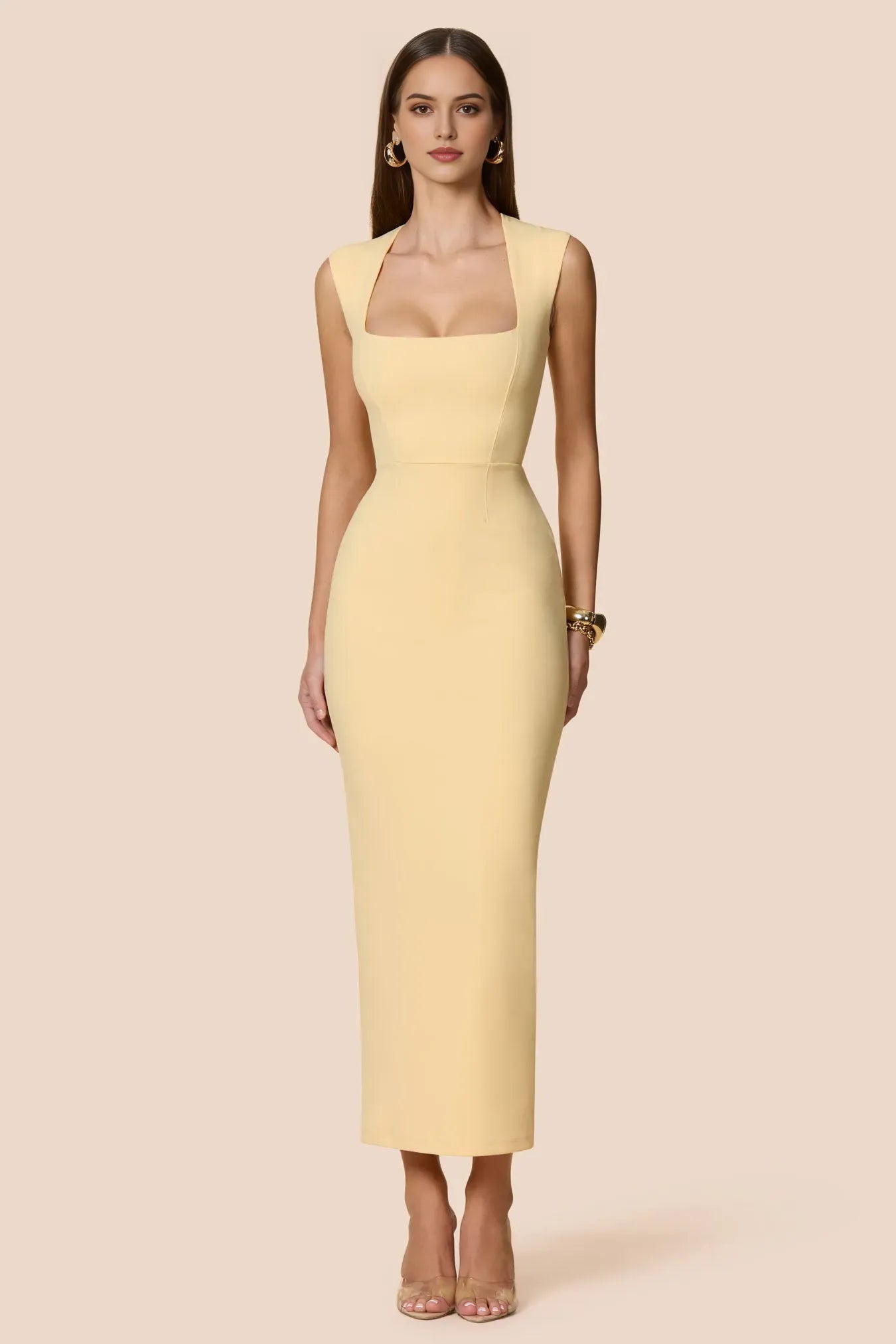 Elegant Sheath Square Neck Sleeveless Back Midi Length Prom Dresses with Slit