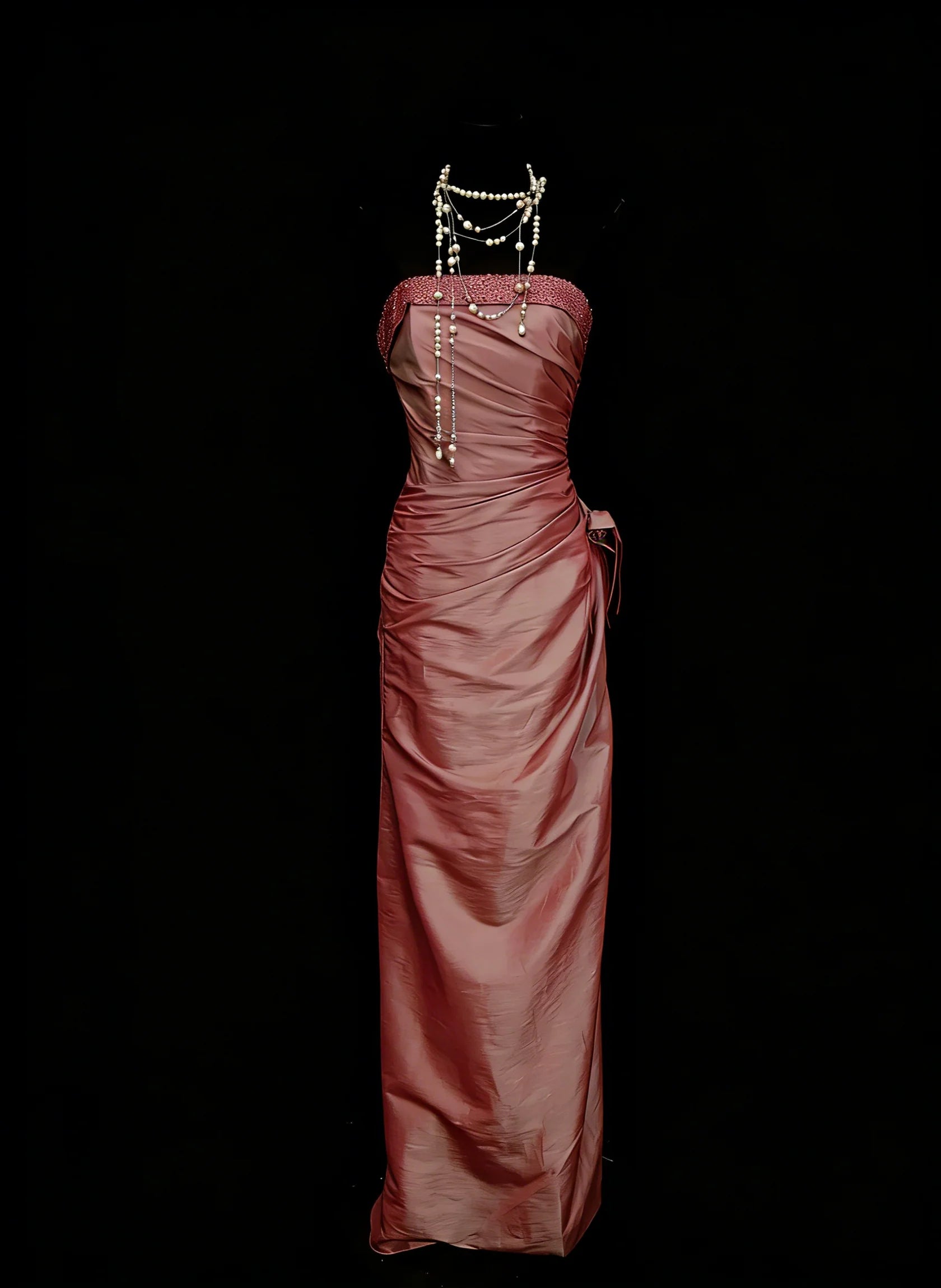 Elegant Sheath Strapless Beaded Dusty Rose Maxi Prom Dress