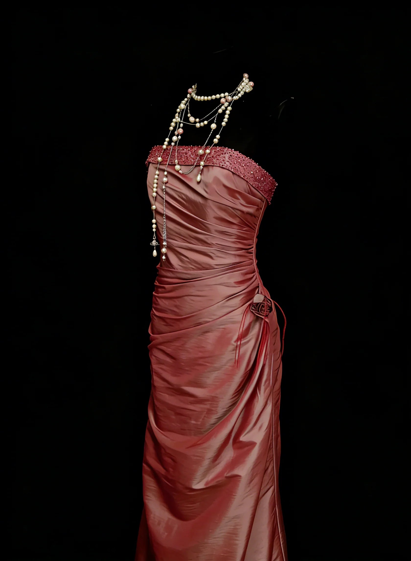 Elegant Sheath Strapless Beaded Dusty Rose Maxi Prom Dress