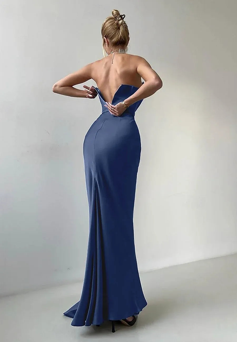 Elegant Sheath Strapless Satin Navy Blue Evening Dress With Scarf Custom