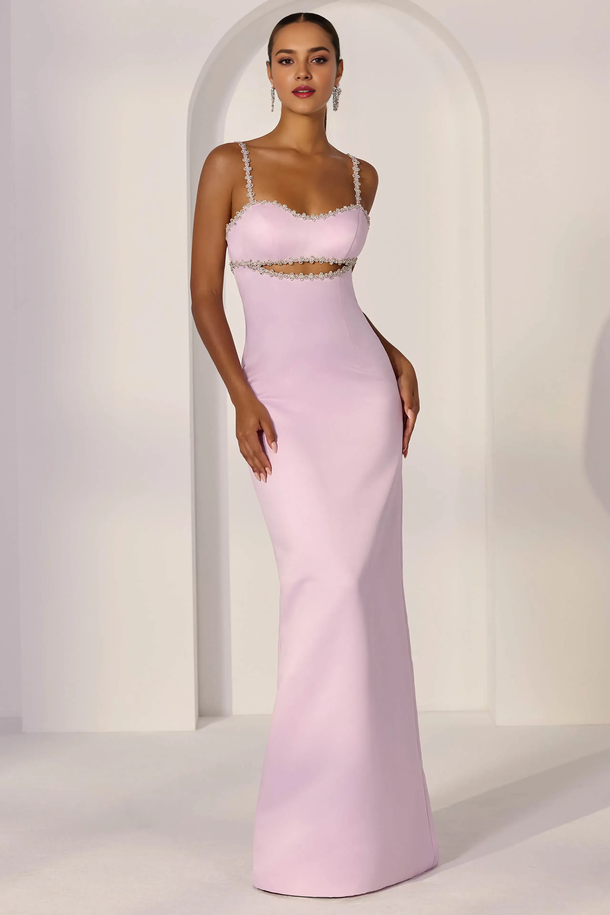 Elegant Sheath Sweetheart Neck Beaded Strap Back Zip Floor-Length Satin Prom Dresses with Cutout Back Slit