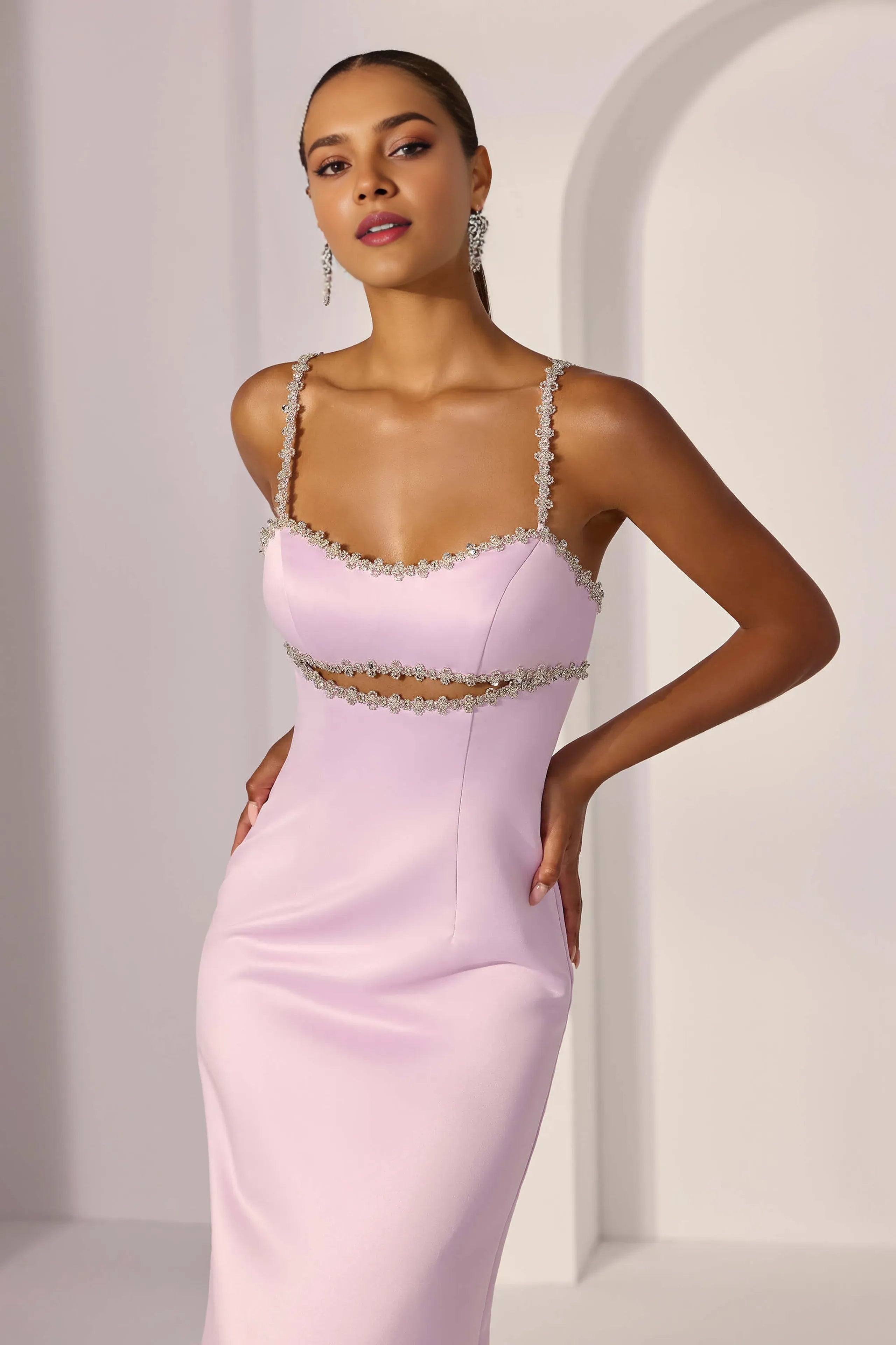 Elegant Sheath Sweetheart Neck Beaded Strap Back Zip Floor-Length Satin Prom Dresses with Cutout Back Slit