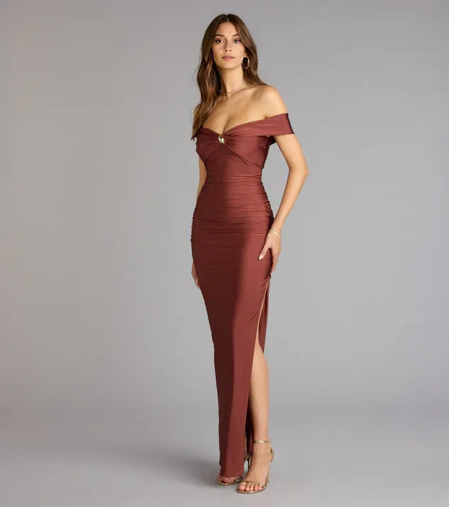 Elegant Sheath Sweetheart Neckline Off-Shoulder Ruched Floor-Length Subtle Side Slit Prom Dresses hot sale