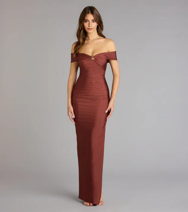 Elegant Sheath Sweetheart Neckline Off-Shoulder Ruched Floor-Length Subtle Side Slit Prom Dresses hot sale